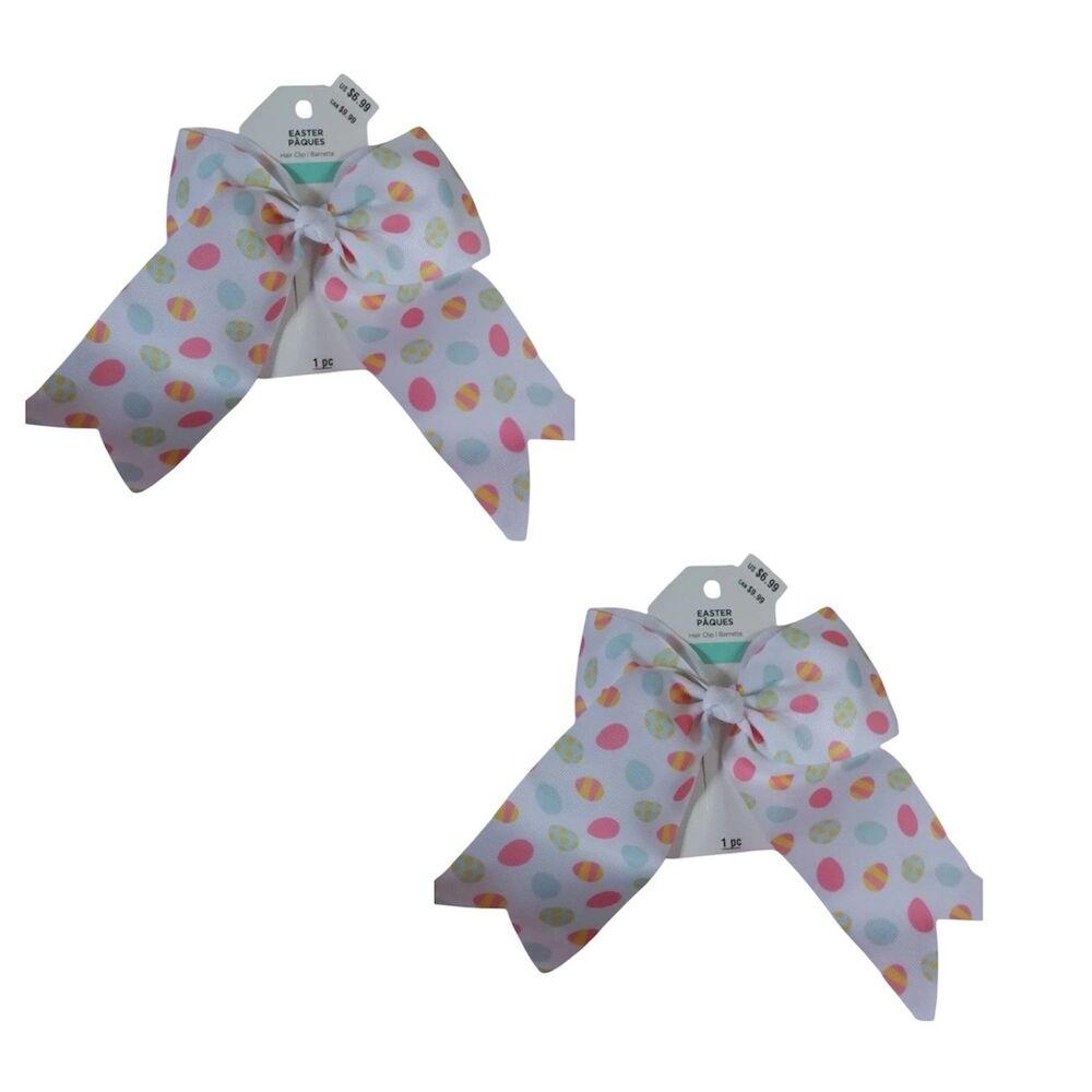2x Easter Hair Clip Bow Grosgrain Pastel Painted Eggs Design 7" Across